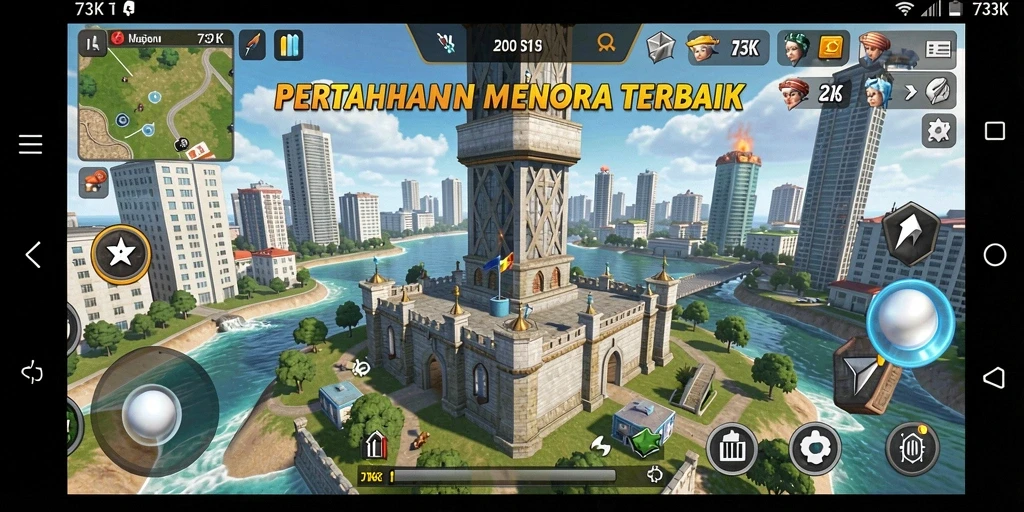 Screenshot gameplay 73K menampilkan strategi menara pertahanan yang seru.