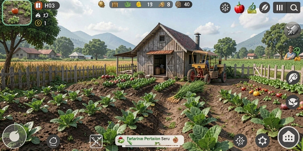 Screenshot H03 yang menunjukkan gameplay seru di ladang pertanian.