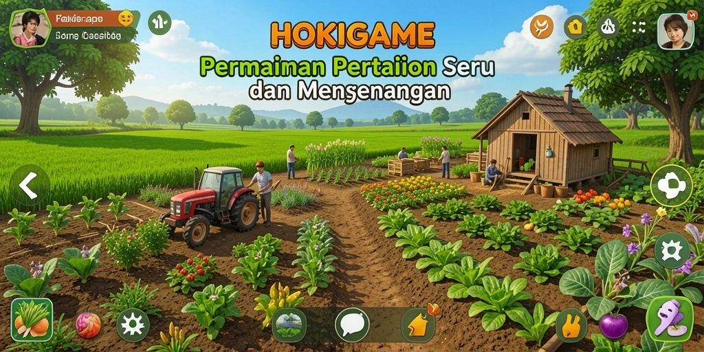 Tampilan gameplay HOKIGAME dengan ladang subur dan hewan ternak.