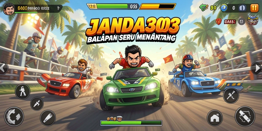 Tampilan gameplay JANDA303 yang mendebarkan saat balapan di lintasan.