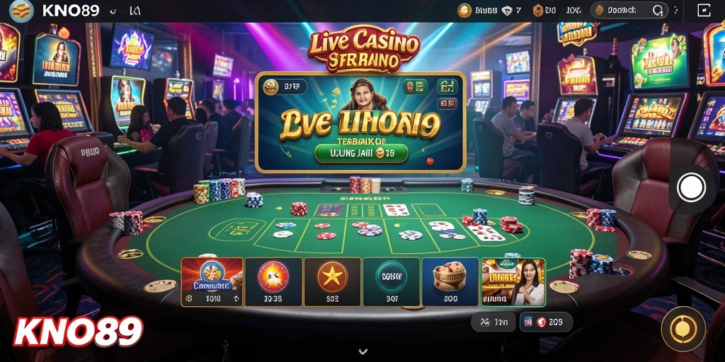 Screenshot gameplay KNO89 menampilkan dealer langsung dan suasana kasino yang autentik.