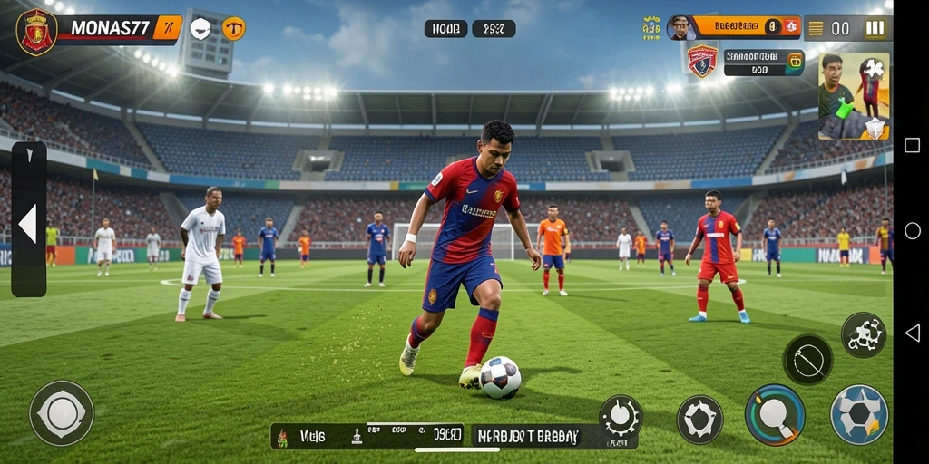 Tampilan gameplay dinamis di MONAS77 dengan aksi sepak bola yang seru.