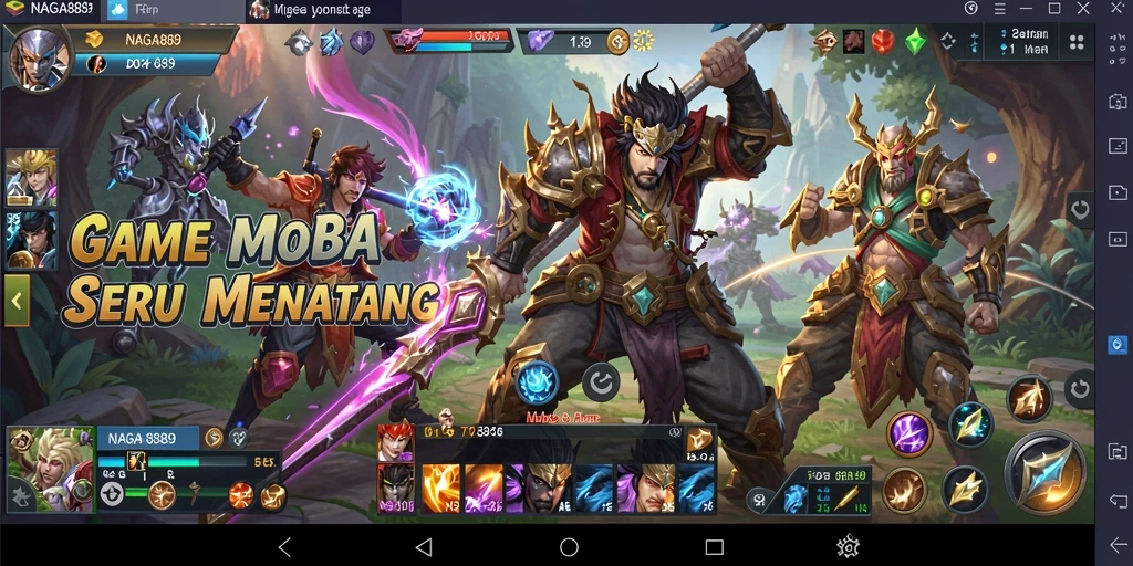 Tampilan dinamis gameplay NAGA889 dengan karakter dan strategi MOBA.