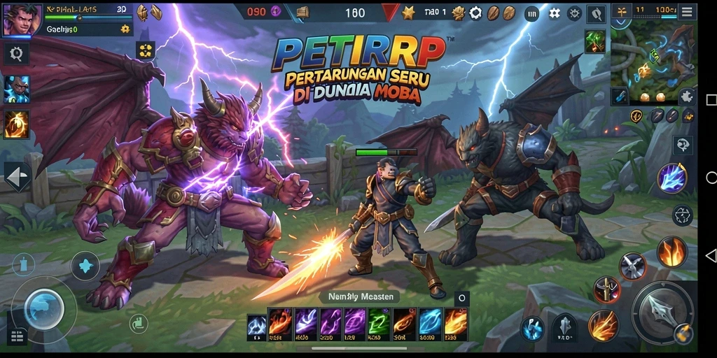 Screenshot gameplay seru dalam PETIRRP yang menunjukkan aksi MOBA.