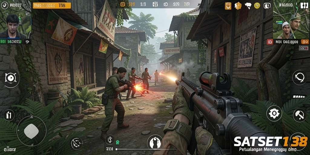 Tampilan gameplay menegangkan dalam SATSET138 dengan aksi tembak-menembak.