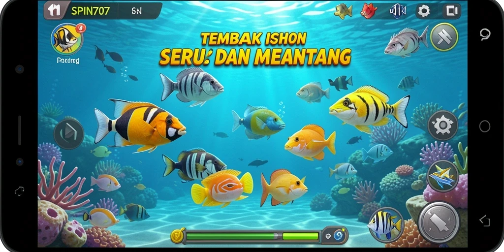 Tampilan gameplay SPIN707 dengan menembak ikan yang berwarna-warni.